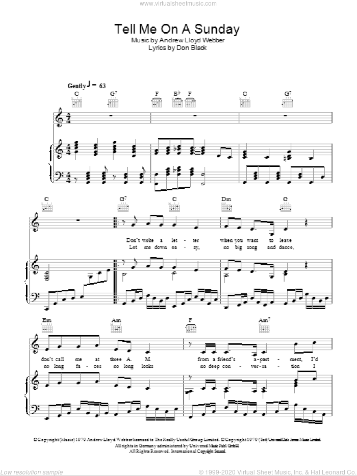 Tell Me On A Sunday sheet music for voice, piano or guitar by Andrew Lloyd Webber, Song And Dance (Musical) and Don Black, intermediate skill level