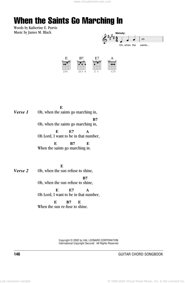 When The Saints Go Marching In sheet music for guitar (chords) by Louis Armstrong, James M. Black and Katherine E. Purvis, intermediate skill level