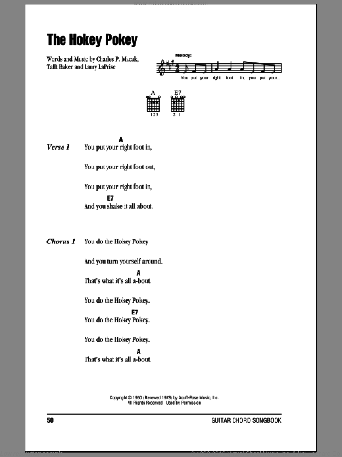 The Hokey Pokey sheet music for guitar (chords) by Richard Thompson, Charles P. Macak, Larry LaPrise and Tafft Baker, intermediate skill level