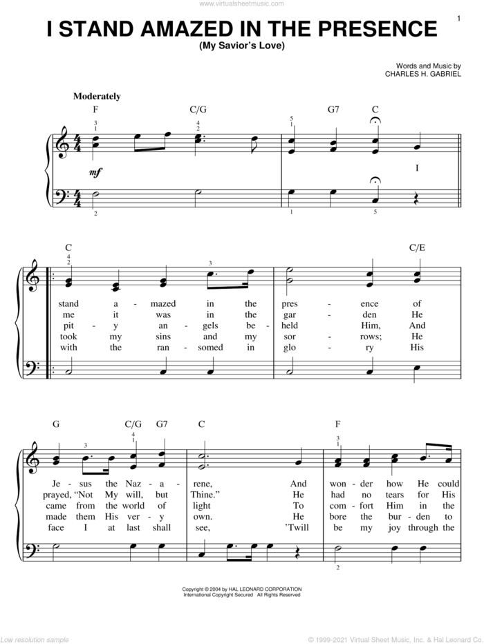 I Stand Amazed In The Presence (My Savior's Love) sheet music for piano solo by Charles H. Gabriel, easy skill level