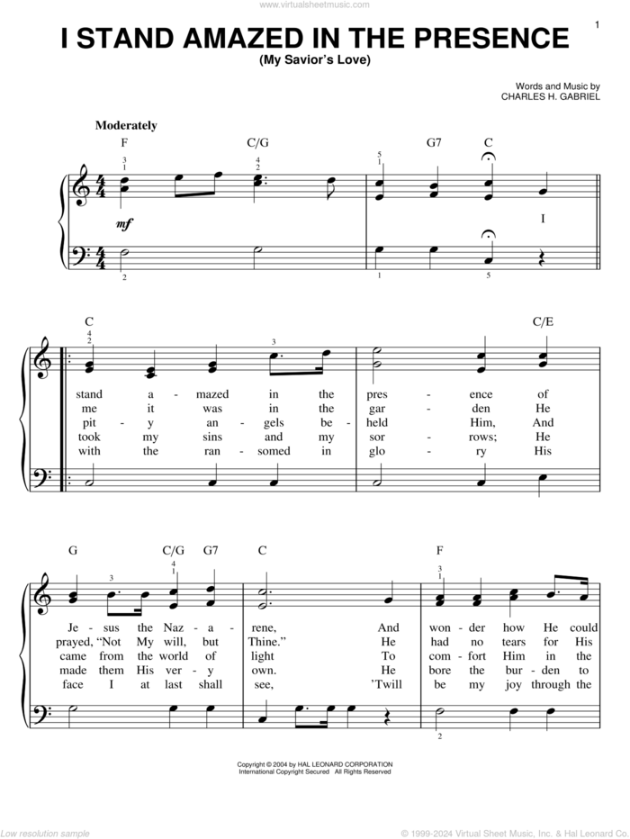 I Stand Amazed In The Presence (My Savior's Love) sheet music for piano solo by Charles H. Gabriel, easy skill level