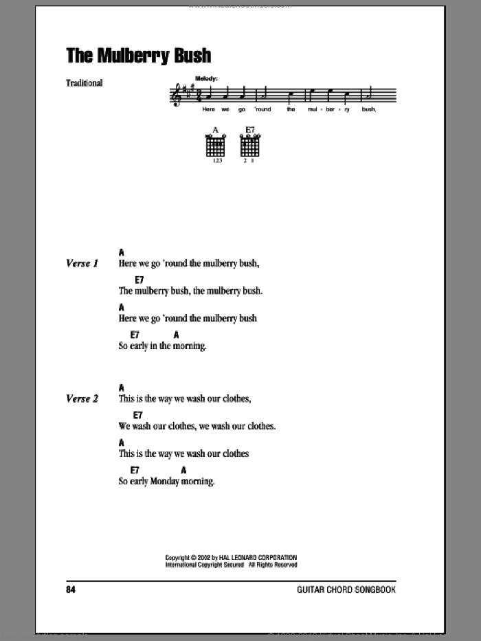 The Mulberry Bush sheet music for guitar (chords), intermediate skill level