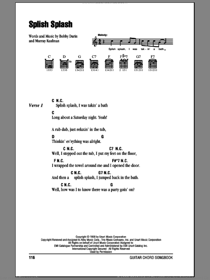 Splish Splash sheet music for guitar (chords) by Bobby Darin and Murray Kaufman, intermediate skill level