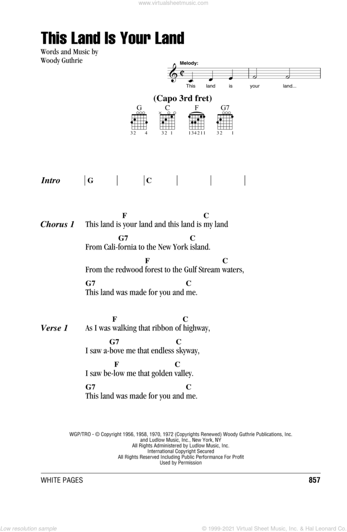 This Land Is Your Land sheet music for guitar (chords) by Woody Guthrie, intermediate skill level
