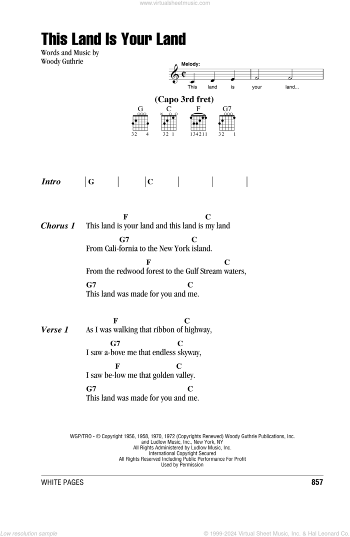 This Land Is Your Land sheet music for guitar (chords) by Woody Guthrie, intermediate skill level