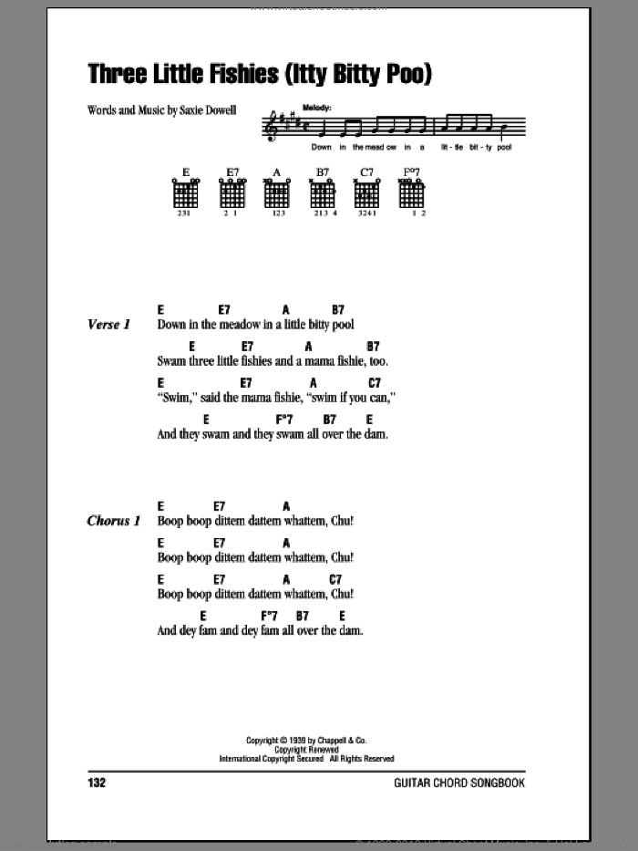 Three Little Fishies (Itty Bitty Poo) sheet music for guitar (chords) by Saxie Dowell, intermediate skill level