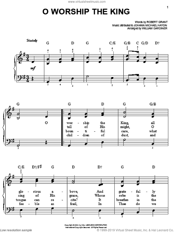 O Worship The King, (easy) sheet music for piano solo by Robert Grant, Johann Michael Haydn and William Gardiner, easy skill level