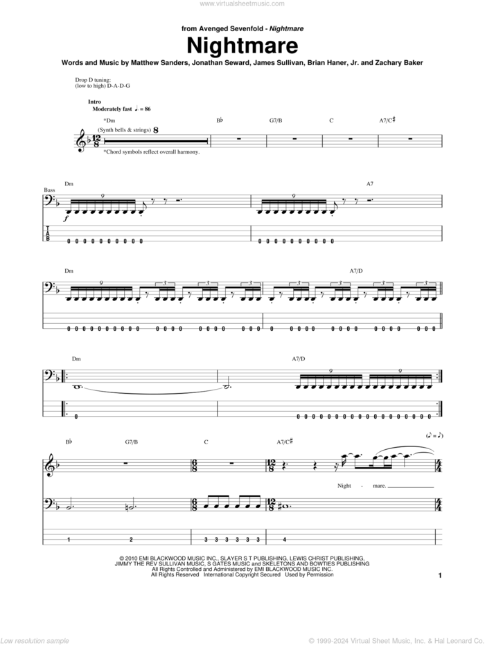 Nightmare sheet music for bass (tablature) (bass guitar) by Avenged Sevenfold, Brian Haner, Jr., James Sullivan, Jonathan Seward, Matthew Sanders and Zachary Baker, intermediate skill level