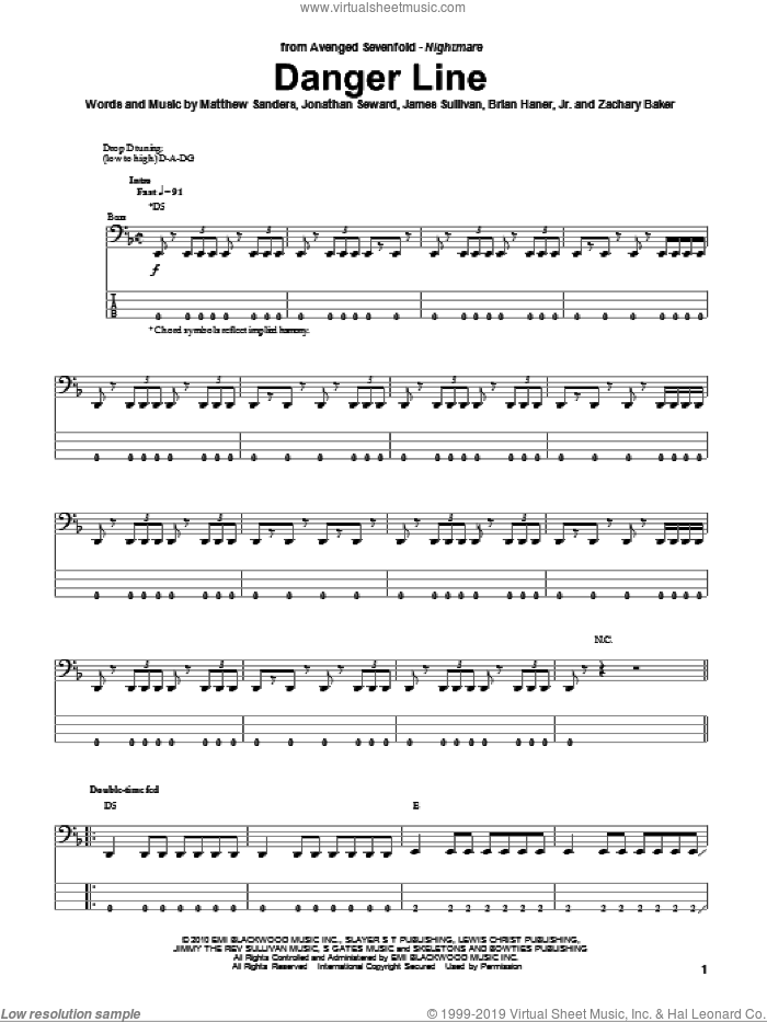 Danger Line sheet music for bass (tablature) (bass guitar) by Avenged Sevenfold, Brian Haner, Jr., James Sullivan, Jonathan Seward, Matthew Sanders and Zachary Baker, intermediate skill level