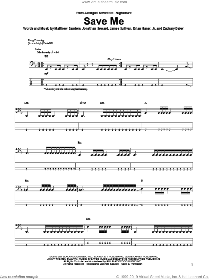 Save Me sheet music for bass (tablature) (bass guitar) by Avenged Sevenfold, Brian Haner, Jr., James Sullivan, Jonathan Seward, Matthew Sanders and Zachary Baker, intermediate skill level