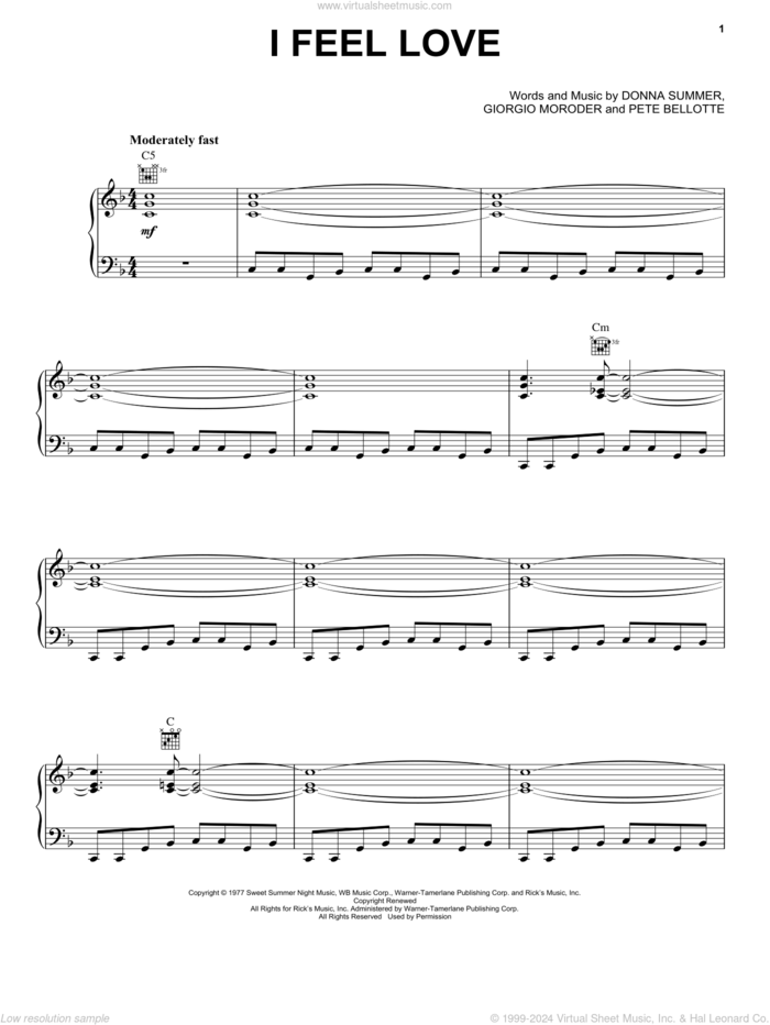 I Feel Love sheet music for voice, piano or guitar by Donna Summer, Blue Man Group, Giorgio Moroder and Pete Bellotte, intermediate skill level