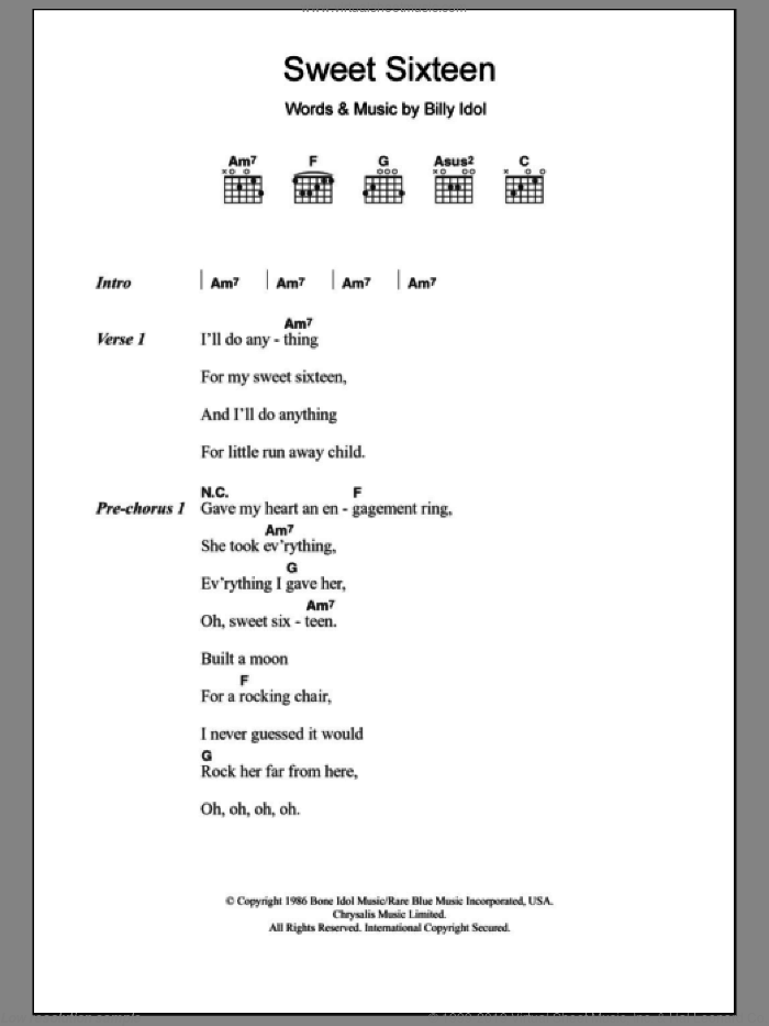 Sweet Sixteen sheet music for guitar (chords) by Billy Idol, intermediate skill level