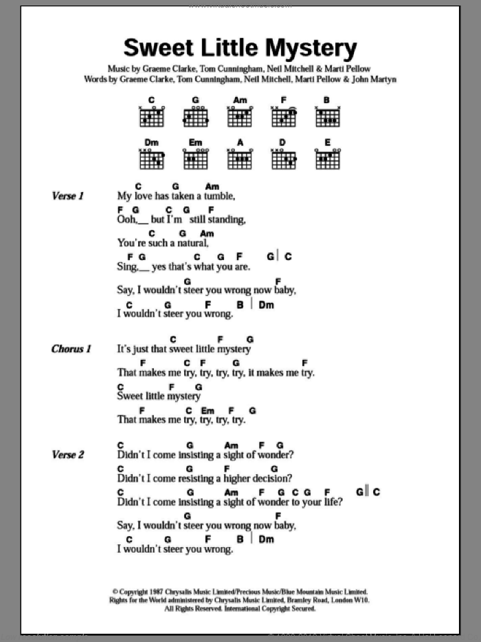 Sweet Little Mystery sheet music for guitar (chords) by Wet Wet Wet, CLARK, CLARKE, Cunningham, John Martyn, Pellow and Willie Mitchell, intermediate skill level
