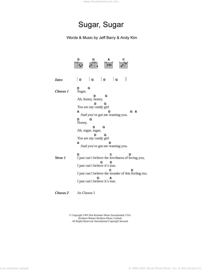 Sugar, Sugar sheet music for guitar (chords) by The Archies, Andy Kim and Jeff Barry, intermediate skill level