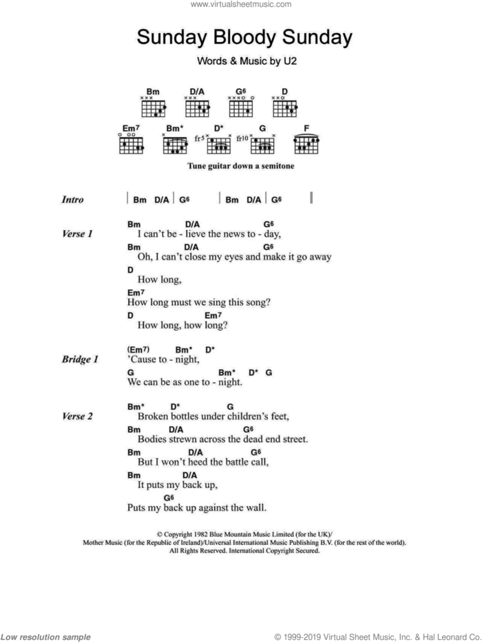 Sunday Bloody Sunday sheet music for guitar (chords) by U2, intermediate skill level