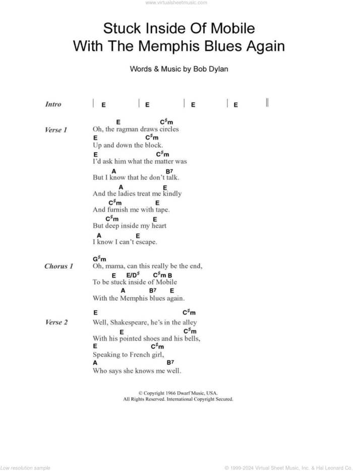 Stuck Inside Of Mobile With The Memphis Blues Again sheet music for guitar (chords) by Bob Dylan, intermediate skill level