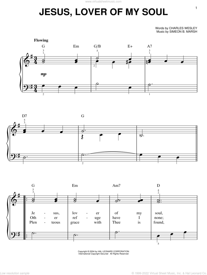 Jesus, Lover Of My Soul sheet music for piano solo by Charles Wesley and Simeon B. Marsh, easy skill level