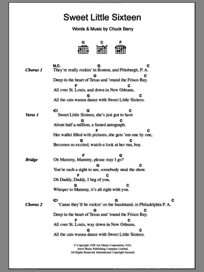 Sweet Little Sixteen sheet music for guitar (chords) by Chuck Berry, intermediate skill level
