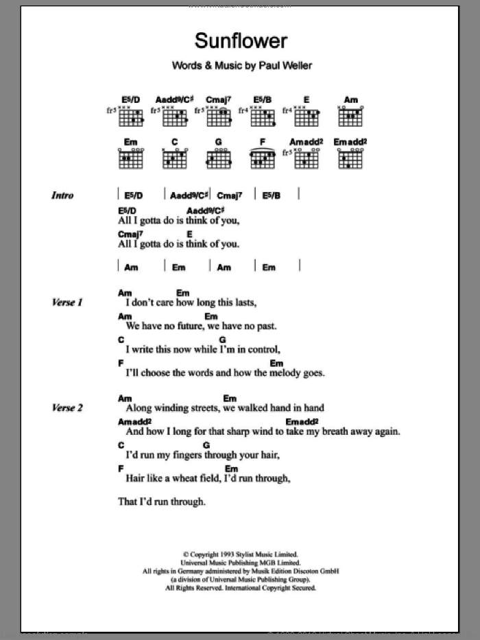 Sunflower sheet music for guitar (chords) by Paul Weller, intermediate skill level