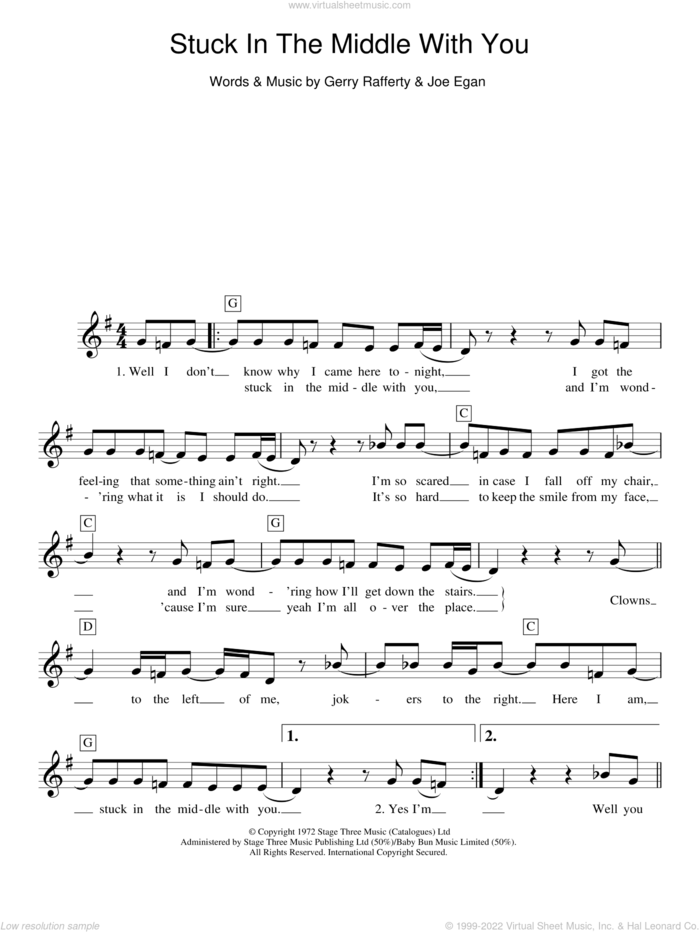 Stuck In The Middle With You sheet music for piano solo (chords, lyrics, melody) by Stealers Wheel, Gerry Rafferty and Joe Egan, intermediate piano (chords, lyrics, melody)