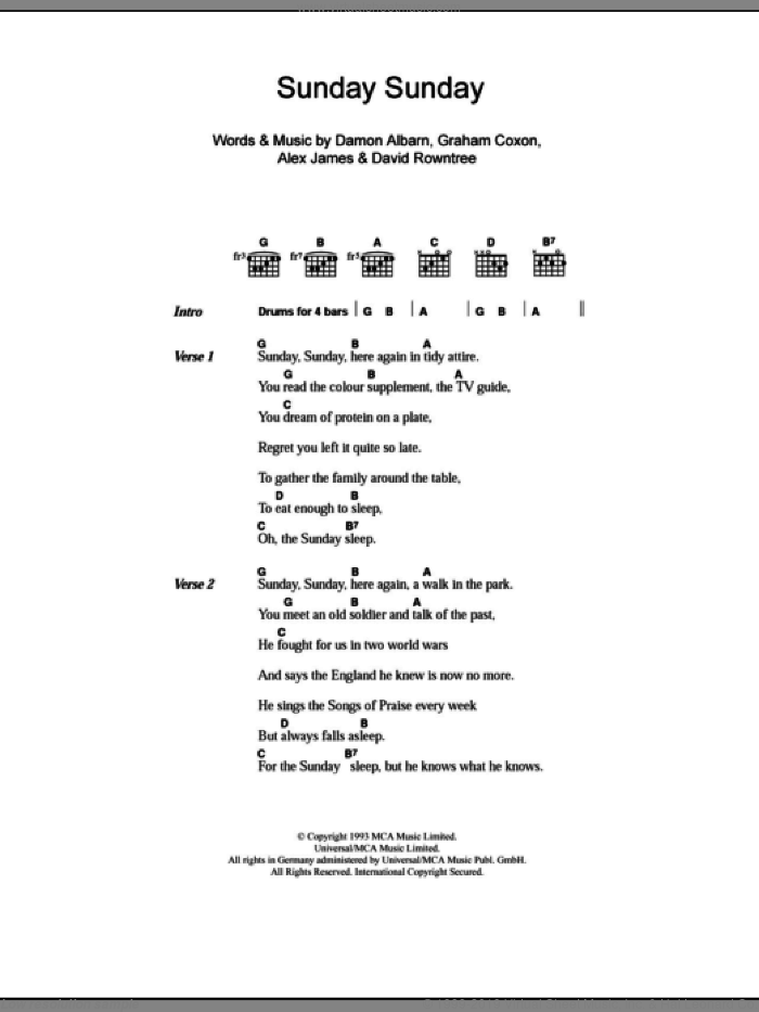 Sunday Sunday sheet music for guitar (chords) by Blur, Alex James, Damon Albarn, David Rowntree and Graham Coxon, intermediate skill level