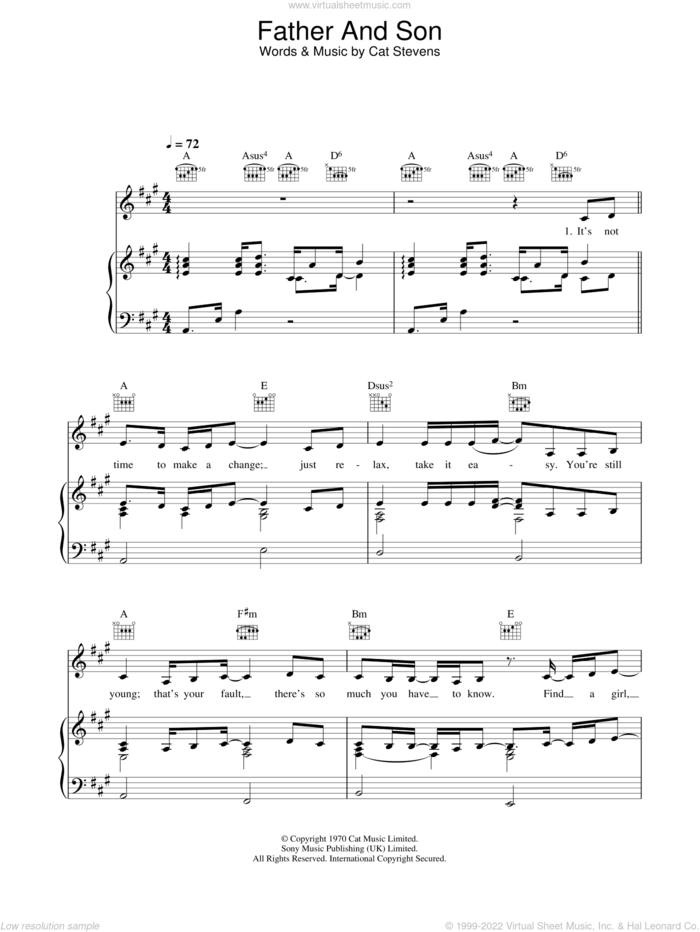 Father And Son sheet music for voice, piano or guitar by Ronan Keating and Cat Stevens, intermediate skill level