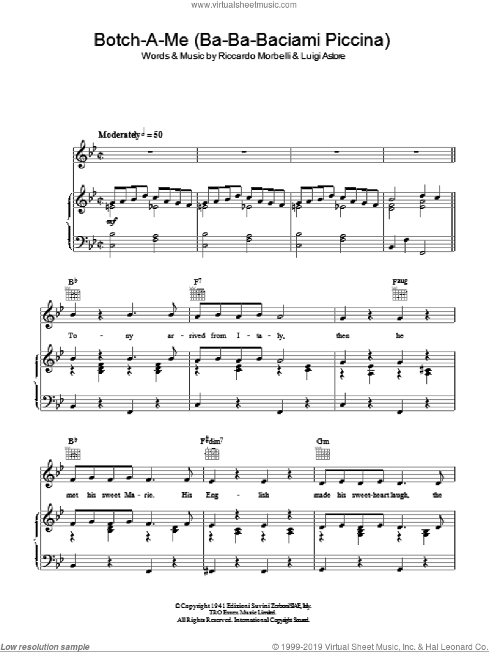 Botch-A-Me (Ba-Ba-Baciami Piccina) sheet music for voice, piano or guitar by Rosemary Clooney, Luigi Astore and Riccardo Morbelli, intermediate skill level