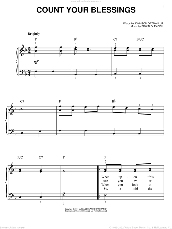 Count Your Blessings, (easy) sheet music for piano solo by Edwin O. Excell and Johnson Oatman, Jr., easy skill level
