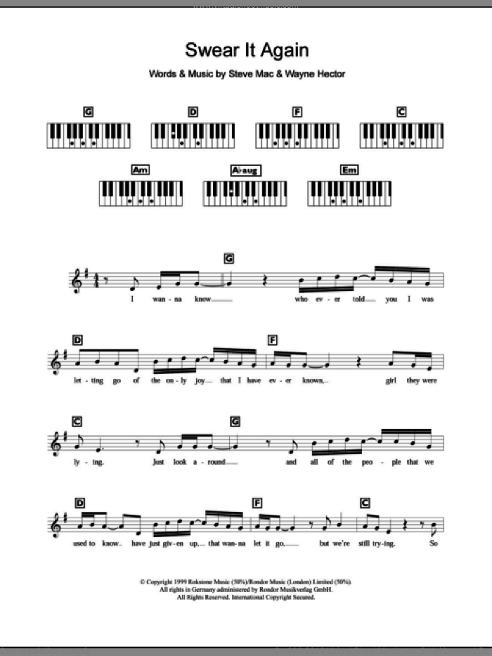 Swear It Again sheet music for piano solo (chords, lyrics, melody) by Westlife, Steve Mac and Wayne Hector, intermediate piano (chords, lyrics, melody)