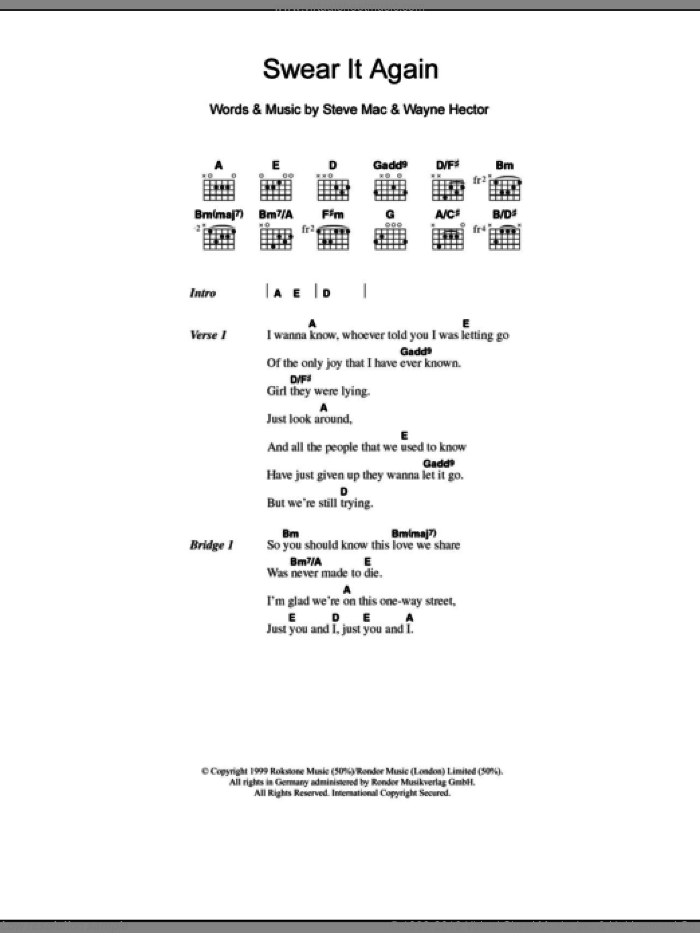 Swear It Again sheet music for guitar (chords) by Westlife, Steve Mac and Wayne Hector, intermediate skill level