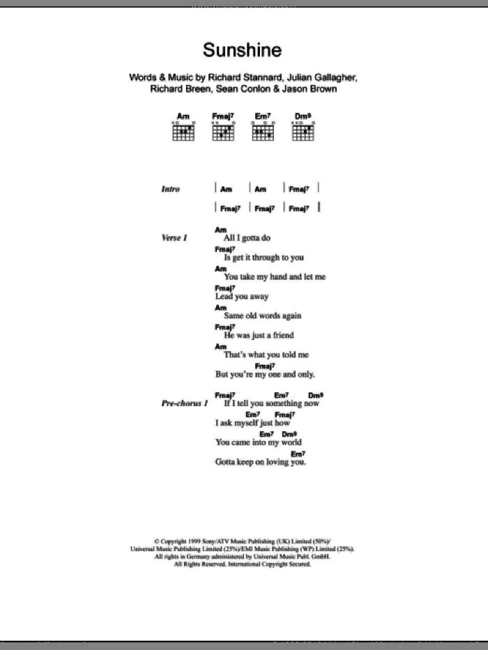 Sunshine sheet music for guitar (chords) by Ben Folds Five, Jason Brown, Julian Gallagher, Richard Breen, Richard Stannard and Sean Conlon, intermediate skill level