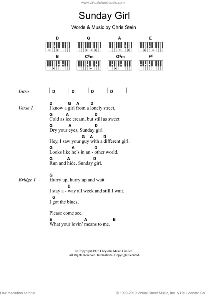 Sunday Girl sheet music for piano solo (chords, lyrics, melody) by Blondie and Chris Stein, intermediate piano (chords, lyrics, melody)