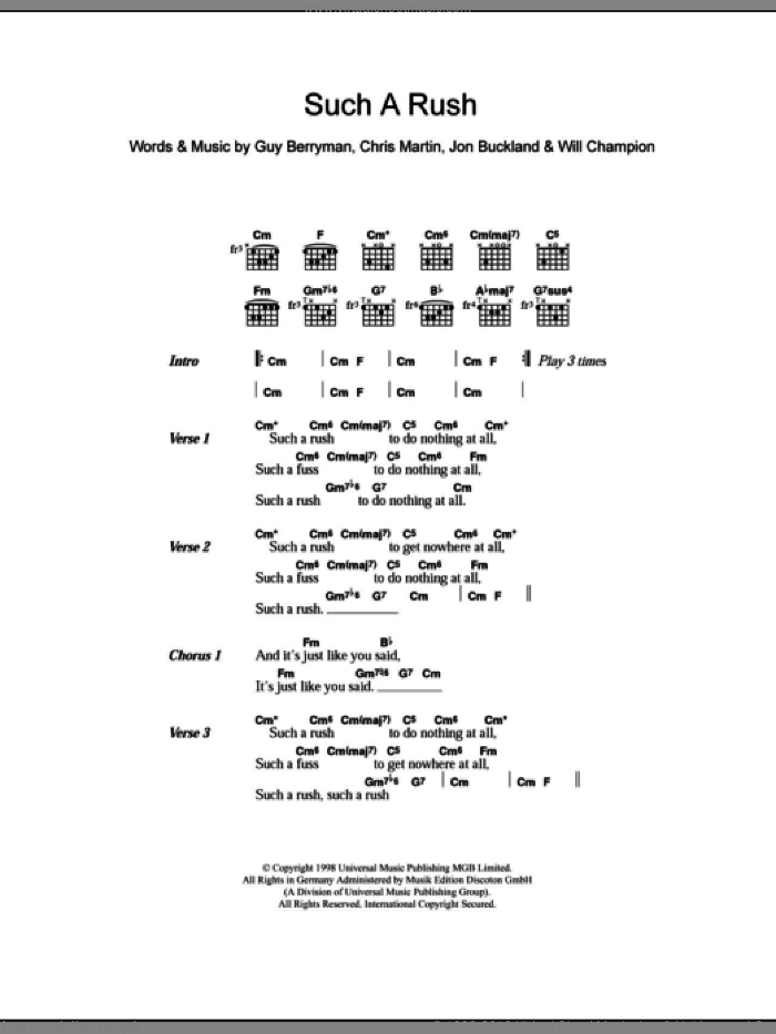Such A Rush sheet music for guitar (chords) by Coldplay, Chris Martin, Guy Berryman, Jon Buckland and Will Champion, intermediate skill level