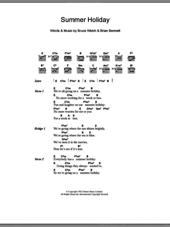 Summer Holiday sheet music for guitar (chords) by Cliff Richard, Brian Bennett and Bruce Welch, intermediate skill level