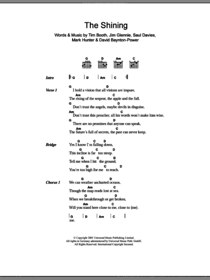 The Shining sheet music for guitar (chords) by Alex James, David Baynton-Power, Jim Glennie, Mark Hunter, Saul Davies and Tim Booth, intermediate skill level