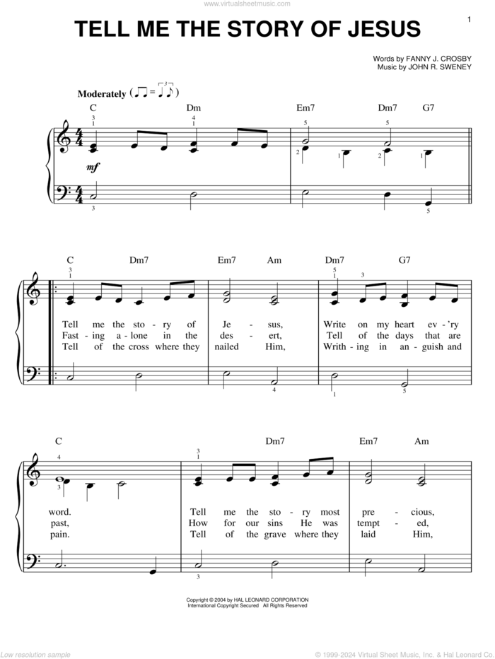 Tell Me The Story Of Jesus sheet music for piano solo by Fanny J. Crosby and John R. Sweney, easy skill level