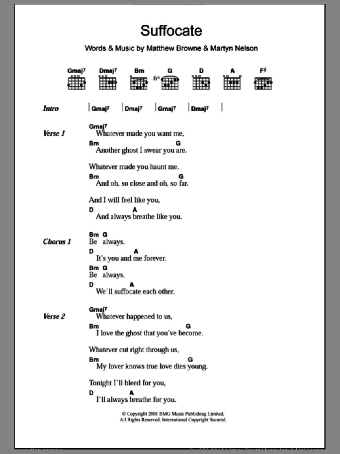 Suffocate sheet music for guitar (chords) by King Adora, Martyn Nelson and Matthew Browne, intermediate skill level