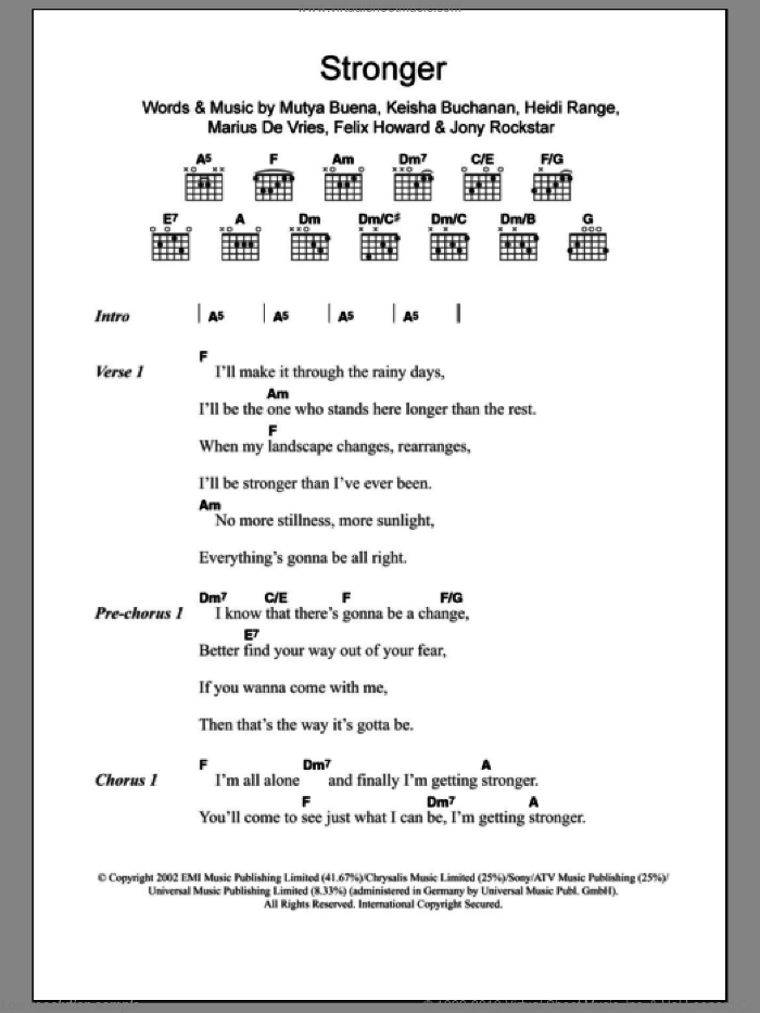 Stronger sheet music for guitar (chords) by Sugababes, Felix Howard, Heidi Range, Jony Rockstar, Keisha Buchanan, Marius De Vries and Mutya Buena, intermediate skill level