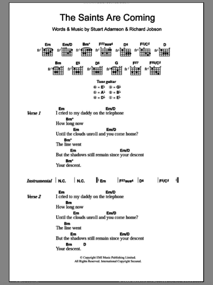 The Saints Are Coming sheet music for guitar (chords) by The Skids, Richard Jobson and Stuart Adamson, intermediate skill level