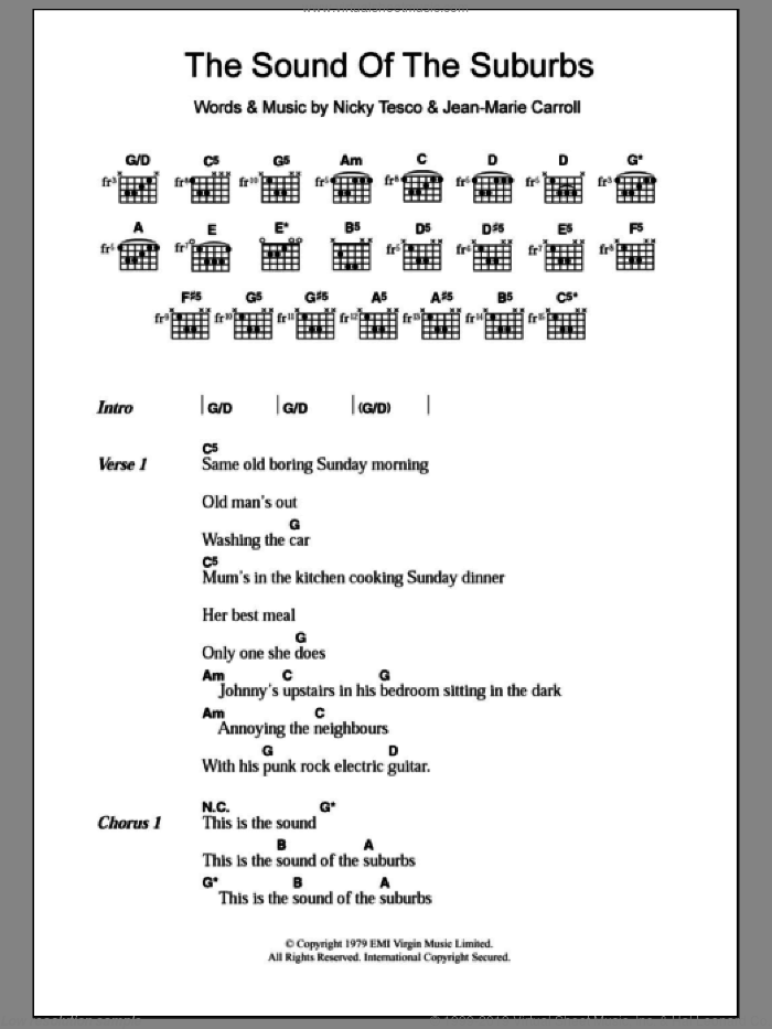 The Sound Of The Suburbs sheet music for guitar (chords) by The Members, Jean-Marie Carroll and Nicky Tesco, intermediate skill level