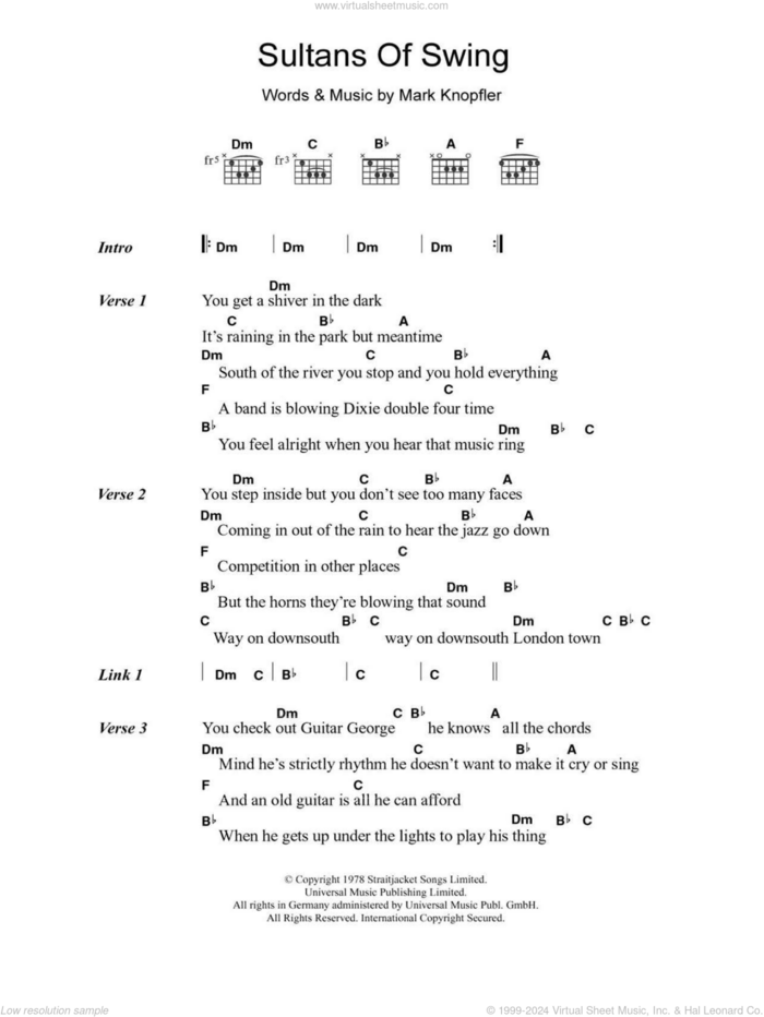 Sultans Of Swing sheet music for guitar (chords) by Dire Straits and Mark Knopfler, intermediate skill level