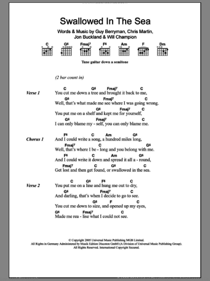Swallowed In The Sea sheet music for guitar (chords) by Coldplay, Chris Martin, Guy Berryman, Jon Buckland and Will Champion, intermediate skill level