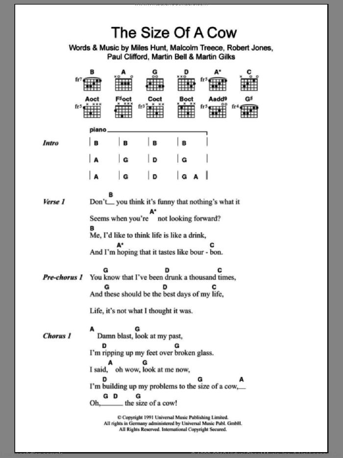 The Size Of A Cow sheet music for guitar (chords) by The Wonder Stuff, Malcolm Treece, Martin Bell, Martin Gilks, Miles Hunt, Paul Clifford and Robert Jones, intermediate skill level