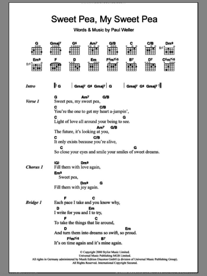 Sweet Pea, My Sweet Pea sheet music for guitar (chords) by Paul Weller, intermediate skill level