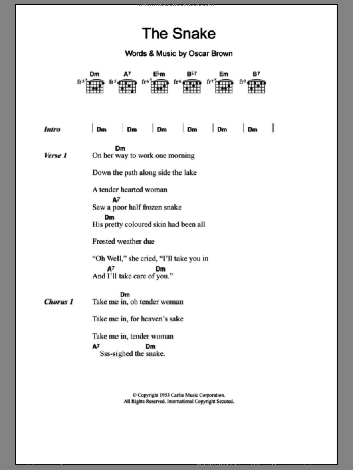 The Snake sheet music for guitar (chords) by Al Wilson and Oscar Brown, intermediate skill level