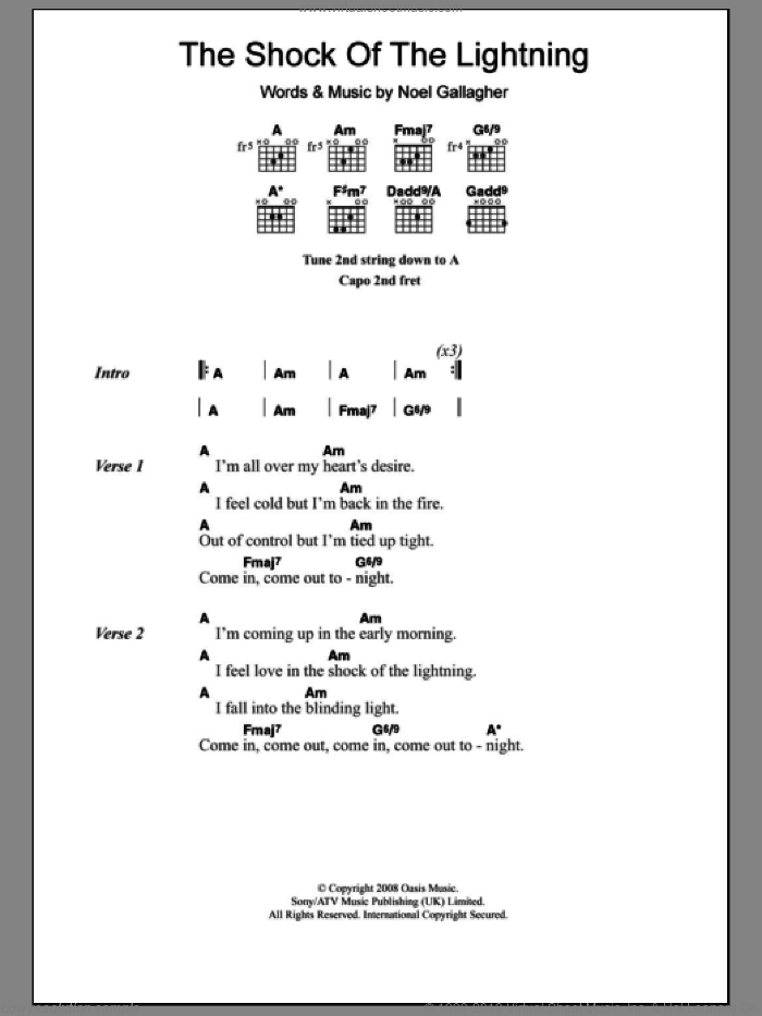 The Shock Of The Lightning sheet music for guitar (chords) by Oasis and Noel Gallagher, intermediate skill level