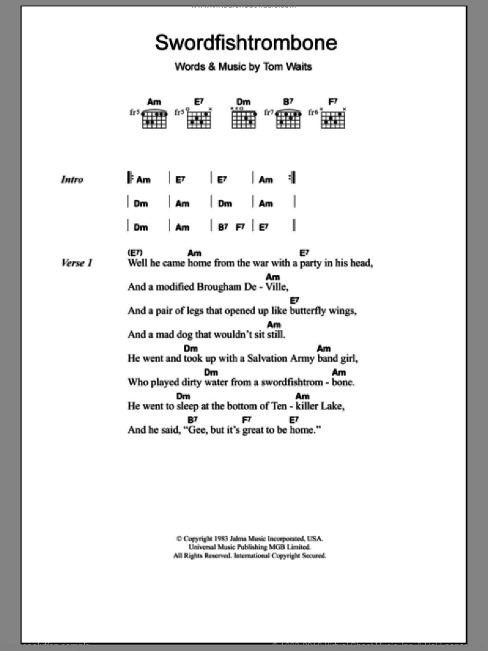 Swordfishtrombone sheet music for guitar (chords) by Tom Waits, intermediate skill level