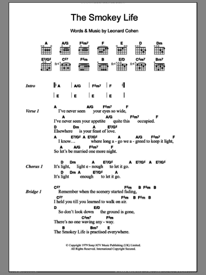 The Smokey Life sheet music for guitar (chords) by Leonard Cohen, intermediate skill level