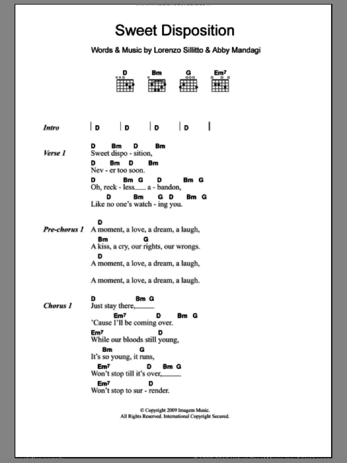 Sweet Disposition sheet music for guitar (chords) by The Temper Trap, Abby Mandagi and Lorenzo Sillitto, intermediate skill level