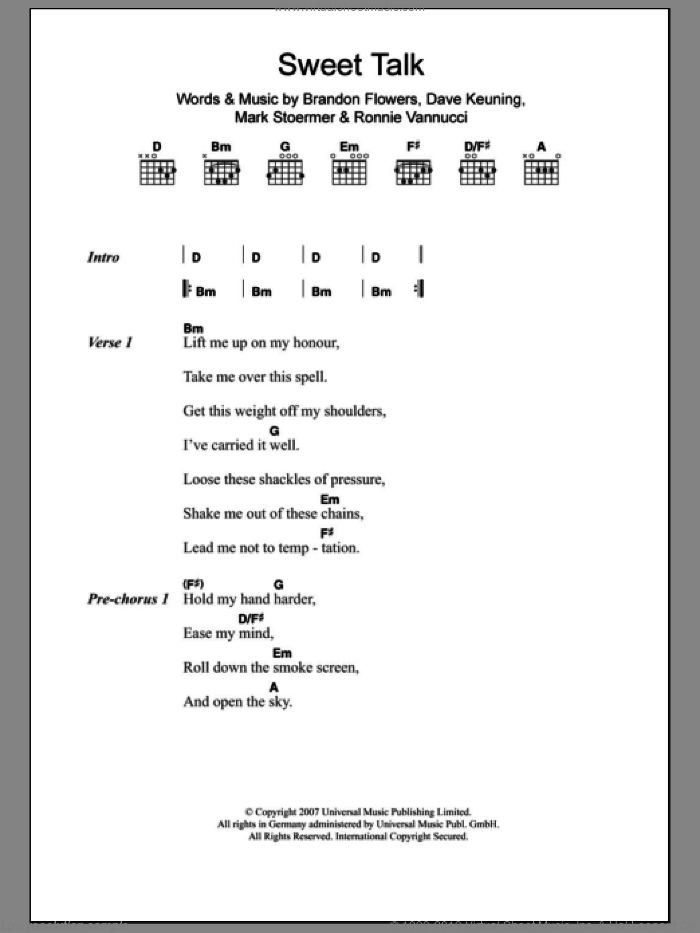 Sweet Talk sheet music for guitar (chords) by The Killers, Brandon Flowers, Dave Keuning, Mark Stoermer and Ronnie Vannucci, intermediate skill level